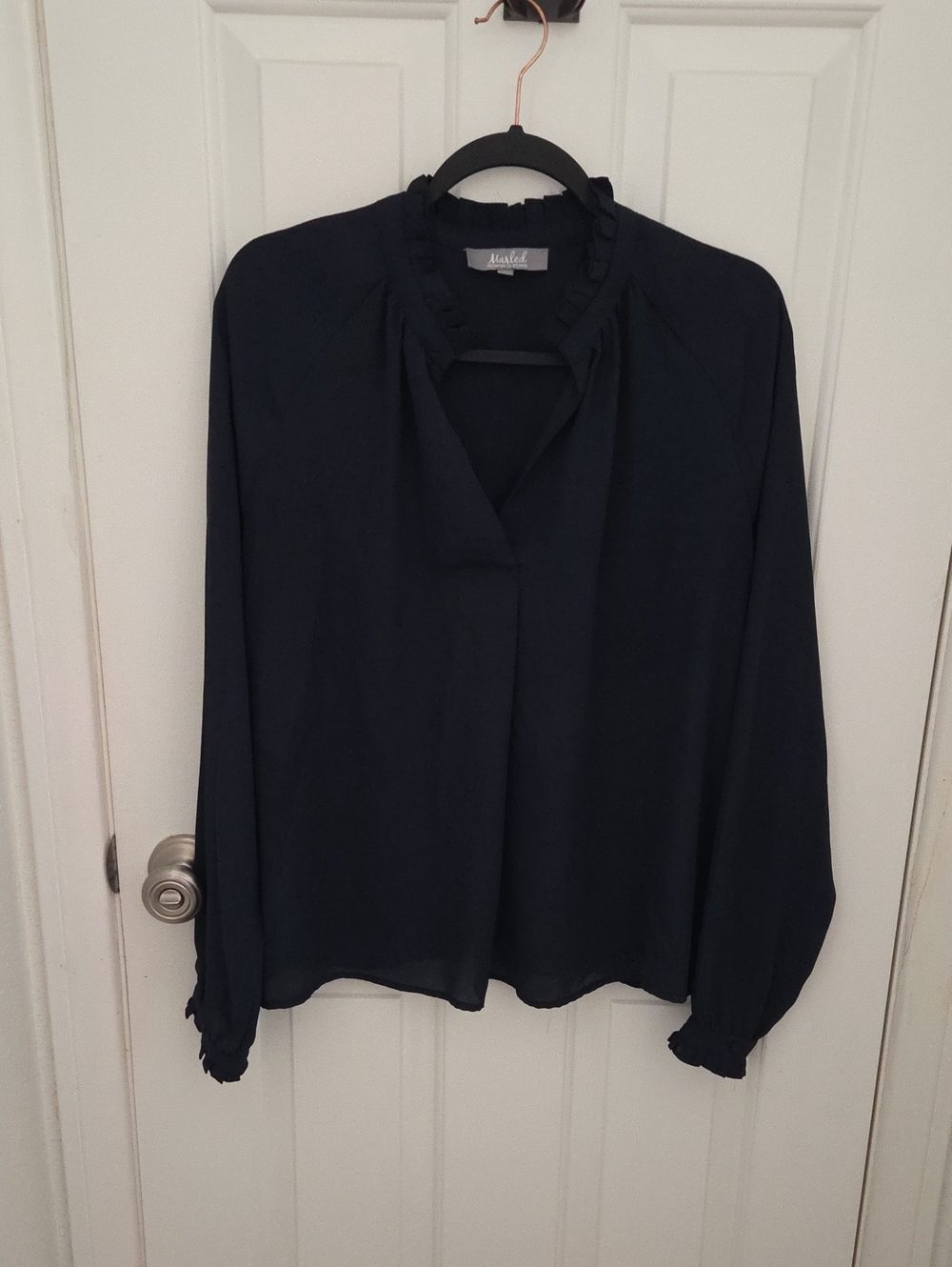 Marled Navy Ruffle-Trim V-Neck Blouse